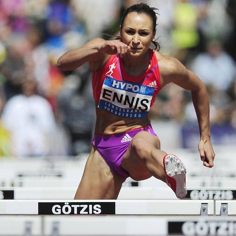 Jessica Ennis goes over a hurdle