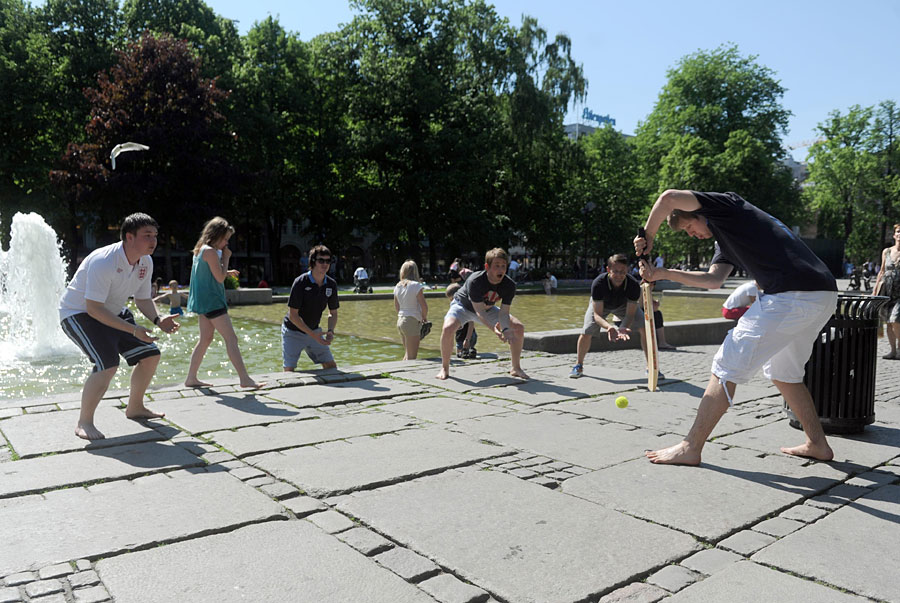 England football fans play cricket in Oslo before the friendly against Norway