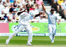 Kemar Roach appeals for lbw against Ian Bell and he was given after using the DRS