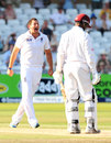 Tim Bresnan celebrates the wicket of Denesh Ramdin