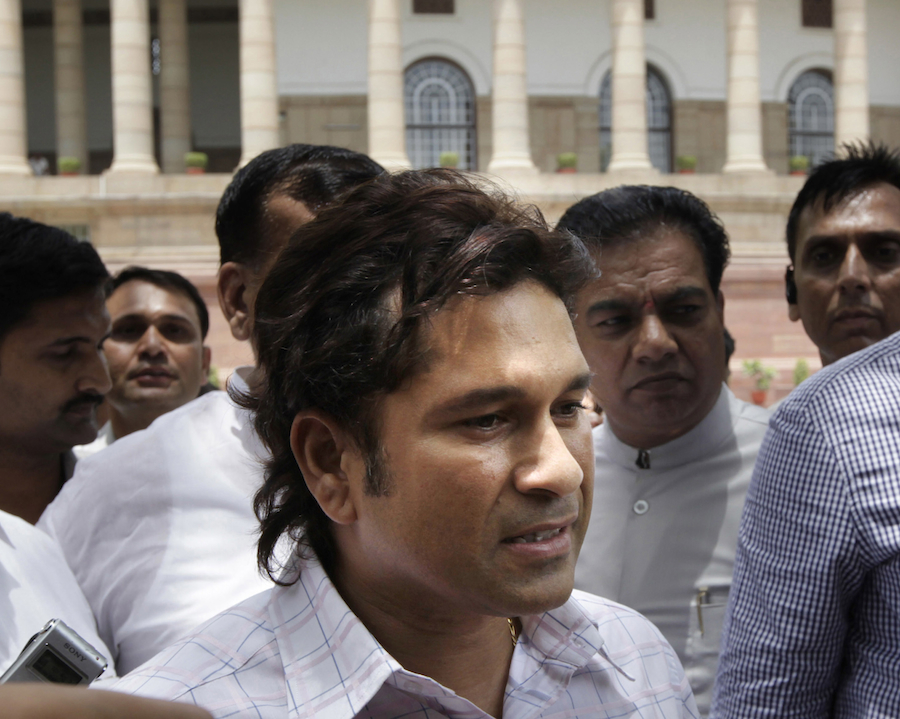 Sachin Tendulkar speaks to the media after swearing-in as an MP