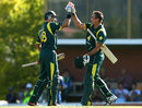 Michael Hussey congratulates Peter Forrest on his first ODI hundred