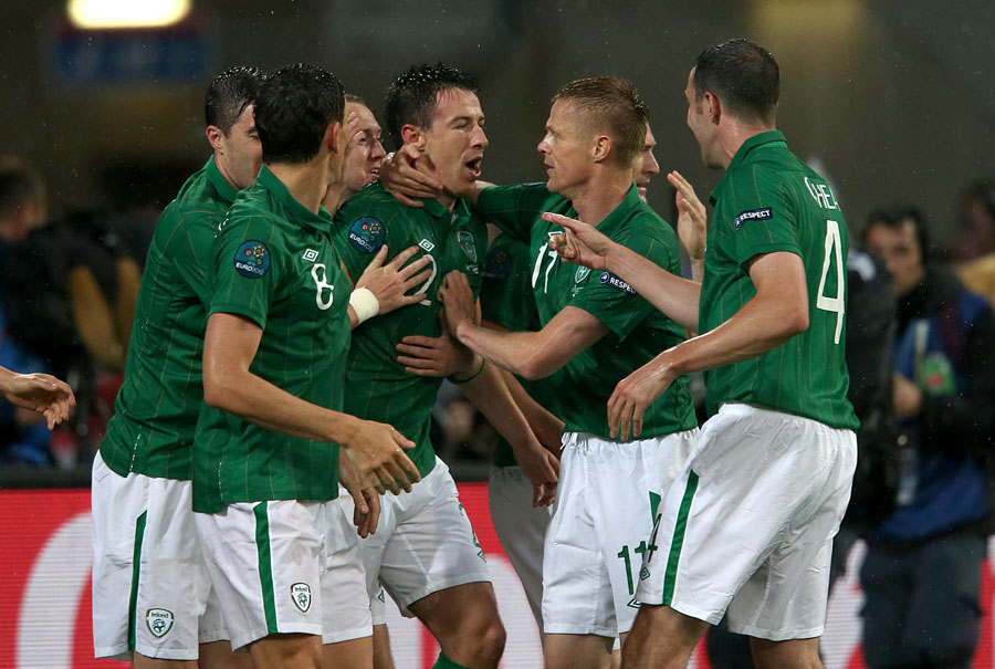 Ireland celebrate Sean St Ledger's equaliser