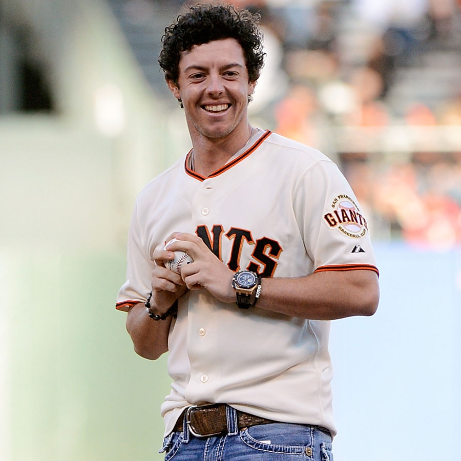 Rory McIlroy cuts a relaxed figure on the baseball mound