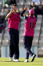 Toby Roland-Jones celebrates taking another wicket