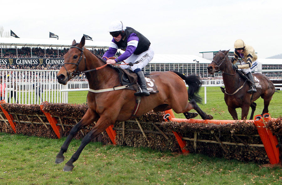 Brindisi Breeze and Campbell Gillies clear a hurdle on their way to victory in the Albert Bartlett Novices' Hurdle