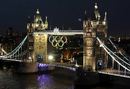 The Olympic rings are lit up on Tower Bridge