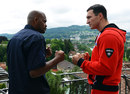 Tony Thompson and Wladimir Klitschko pose at a press conference 