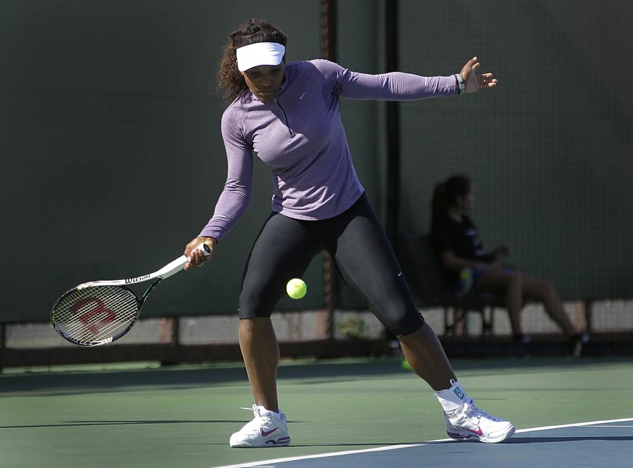 Serena Williams practices for the Bank of the West Classic tennis tournament