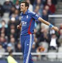 Steven Finn reacts after a missed opportunity 
