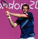Andy Murray plays a backhand during a practice session