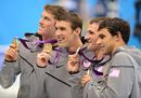 Michael Phelps celebrates after winning the men's 4x200m freestyle relay final