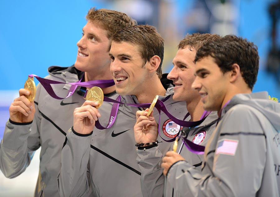 Michael Phelps celebrates after winning the men's 4x200m freestyle relay final