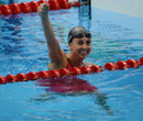 Rebecca Soni celebrates following her win in the women's 200m breaststroke final