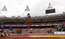 Jessica Ennis soars out in the long jump in the heptathlon