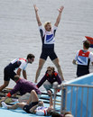 Andrew Triggs Hodge and his team-mates Alex Gregory, Pete Reed and Tom James celebrate their win in the men's coxless four