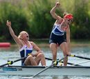 Katherine Copeland and Sophie Hosking celebrate winning the lightweight double sculls final