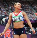 Jessica Ennis smiles after throwing the javelin