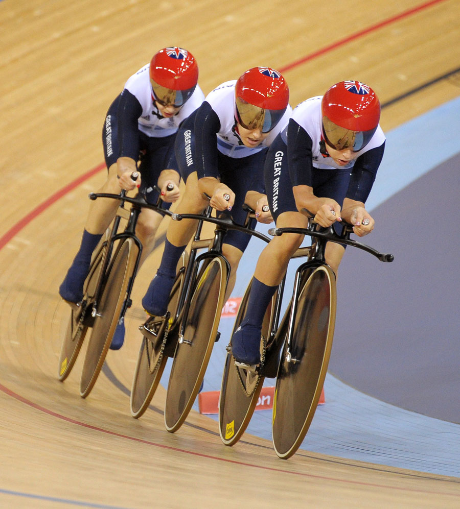 Dani King, Joanna Rowsell and Laura Trott compete in the team pursuit