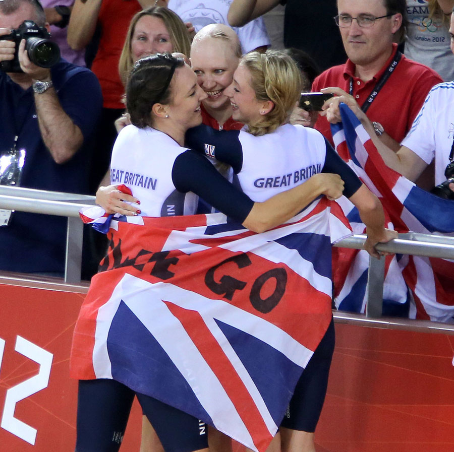 Dani King, Joanna Rowsell and Laura Trott celebrate their gold medal