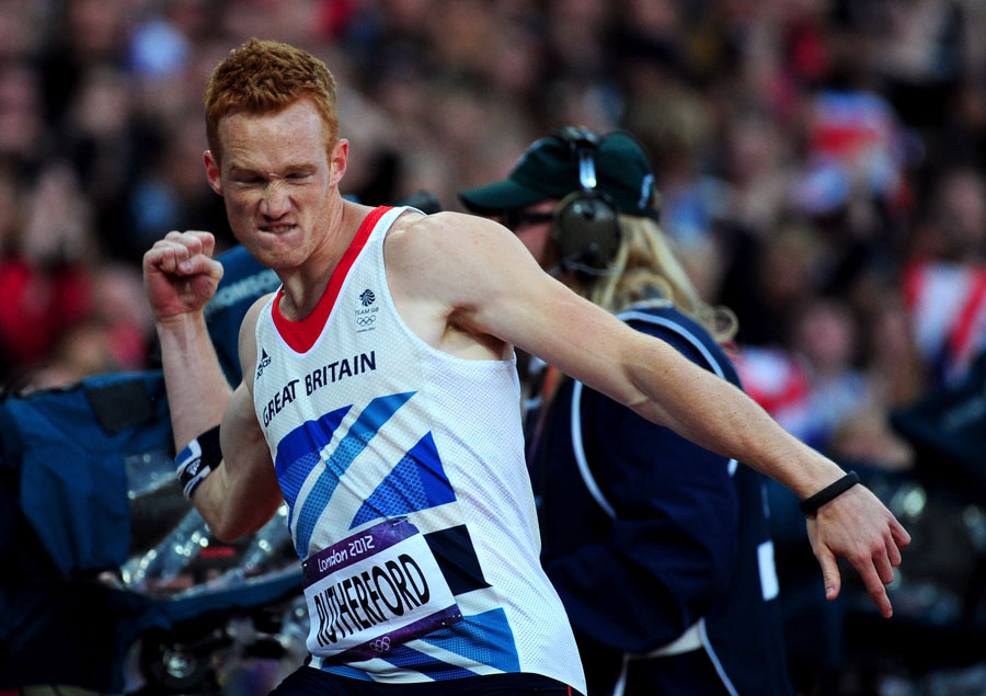 Greg Rutherford celebrates his gold-medal winning leap