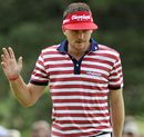Keegan Bradley reacts after making a birdie putt on the seventh hole 