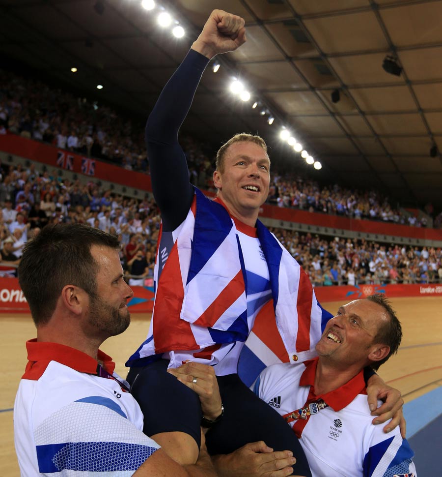 Sir Chris Hoy celebrates winning the gold medal