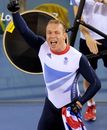 Sir Chris Hoy celebrates winning the gold medal in the men's keirin 