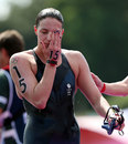 Keri-Anne Payne reacts after finshing fourth in the open-water swim, 