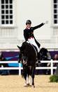 Charlotte Dujardin, riding Valegro, celebrates after completing her test in the Individual Grand Prix Special Team final