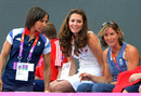 Dame Kelly Holmes, the Duchess of Cambridge and Kath Grainger watch the hockey