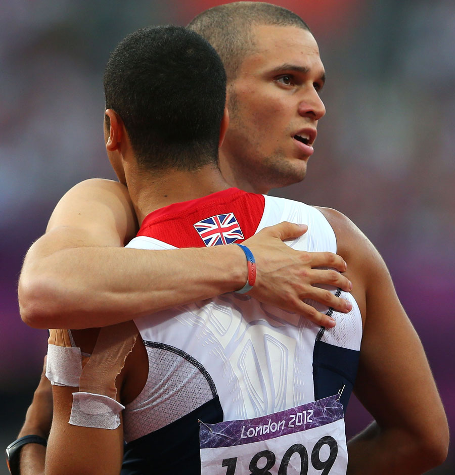 Adam Gemili and Daniel Talbot embrace in disappointment
