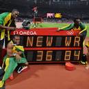 The Jamaican relay team celebrates its world record