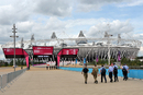 Staff walk into the Olympic Park
