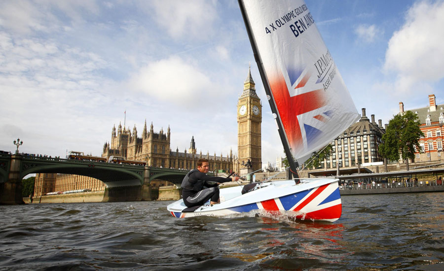 Ben Ainslie sails past the Houses of Parliament