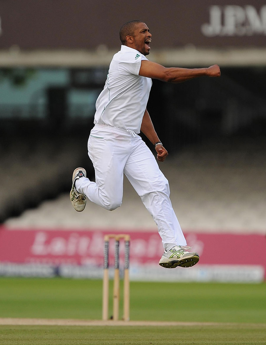 Vernon Philander leaps in celebration of taking the final wicket
