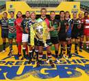 Harlequins skipper Chris Robshaw and the team captains pose with the Aviva Premiership trophy