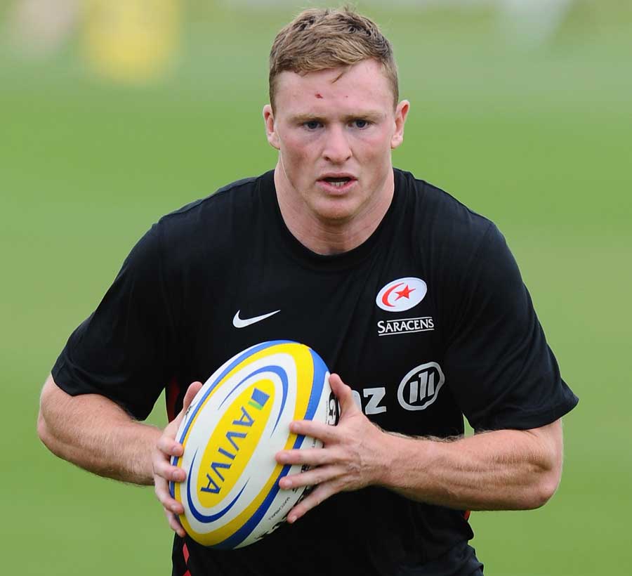 Saracens wing Chris Ashton runs with the ball during a Saracens training session on Tuesday