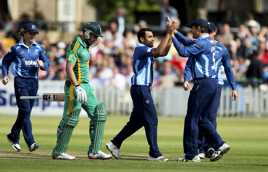 Ravi Bopara celebrates one of his three wickets