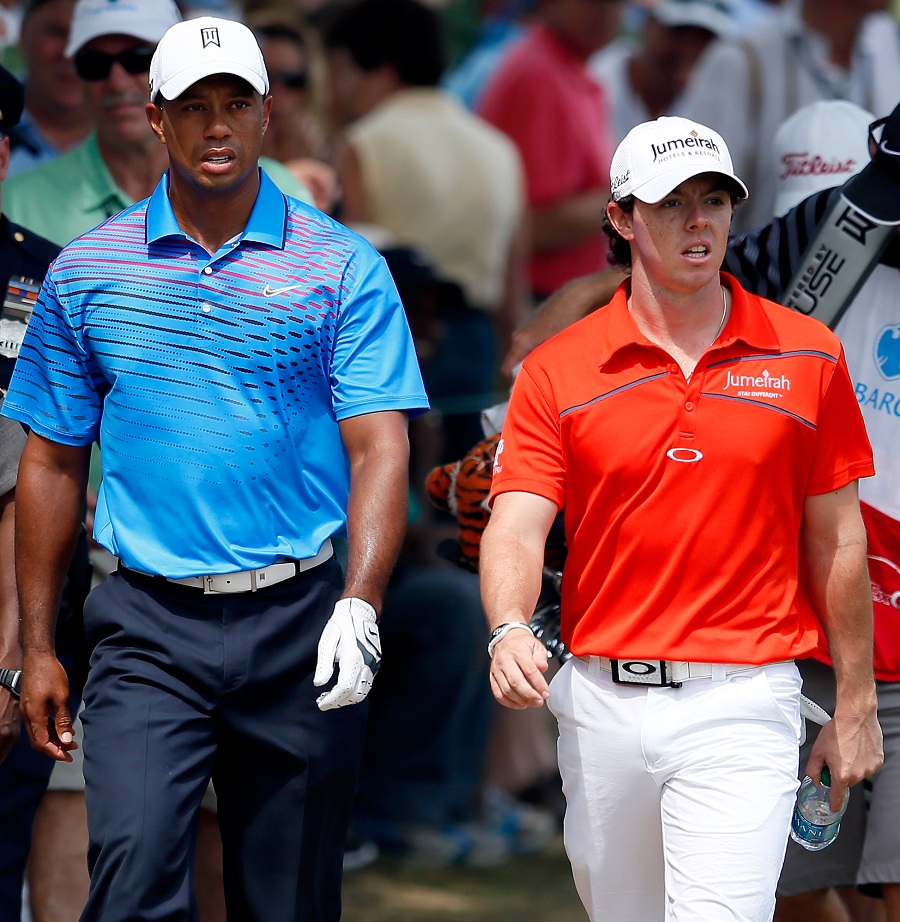Tiger Woods walks with Rory McIlroy