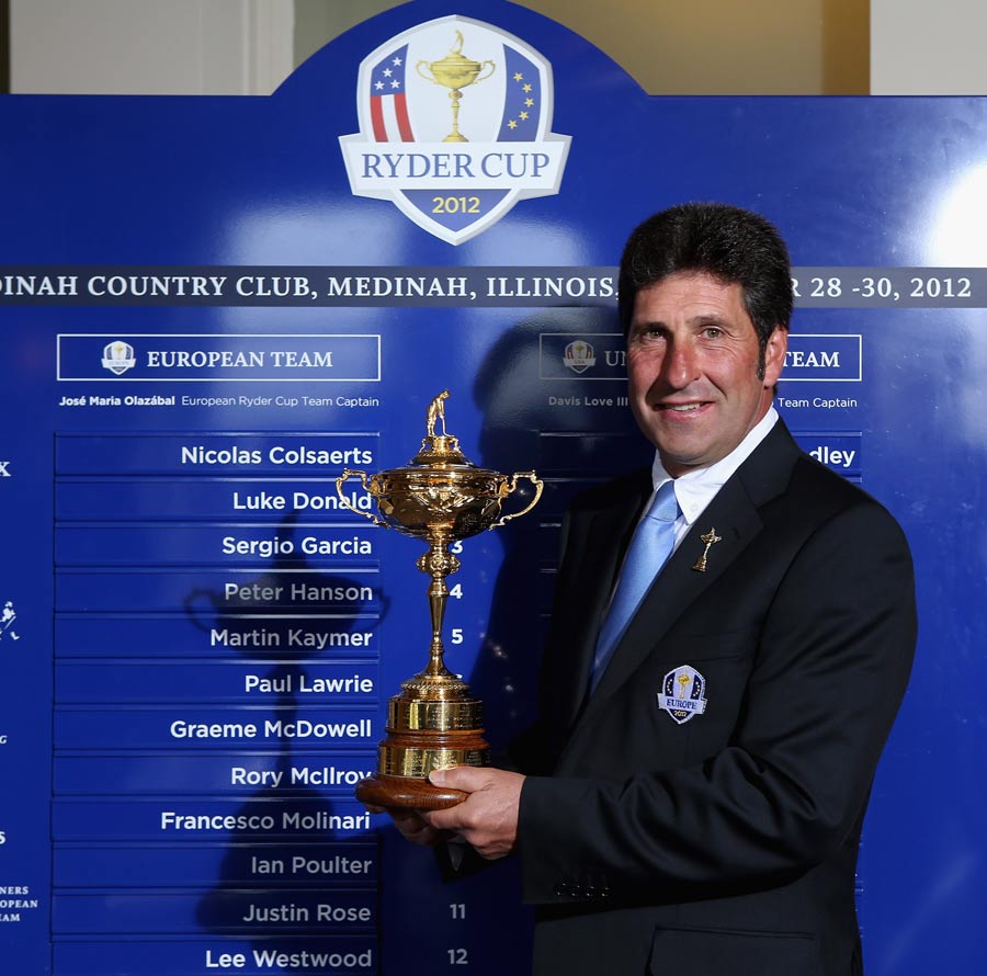 Jose Maria Olazabal poses in front of a board with the names the complete European team