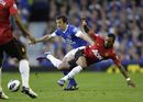 Nani fights for the ball against Leighton Baines