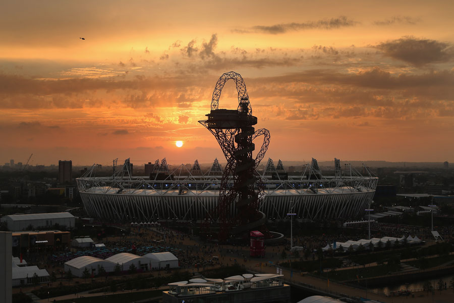 The sun sets over the Olympic Park