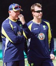 Craig McDermott and Brett Lee chat during a training session