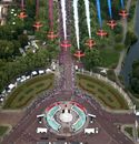 The Red Arrows fly in formation over the Queen Victoria Memorial