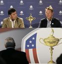 Jose Maria Olazabal and Davis Love III answer questions during a news conference