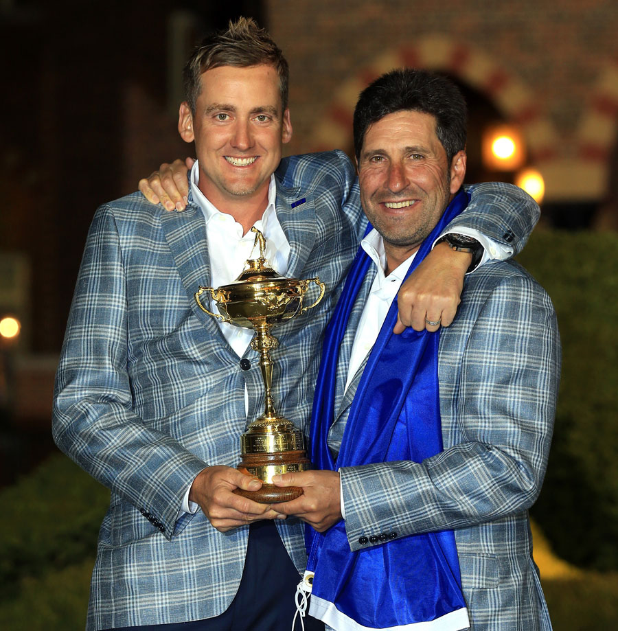 Ian Poulter and Jose Maria Olazabal poses with the Ryder Cup