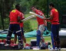 Kevin Pietersen chats with Irfan Pathan and Andre Russell