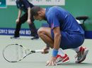 Jo-Wilfried Tsonga reacts after losing a point to Tomas Berdych