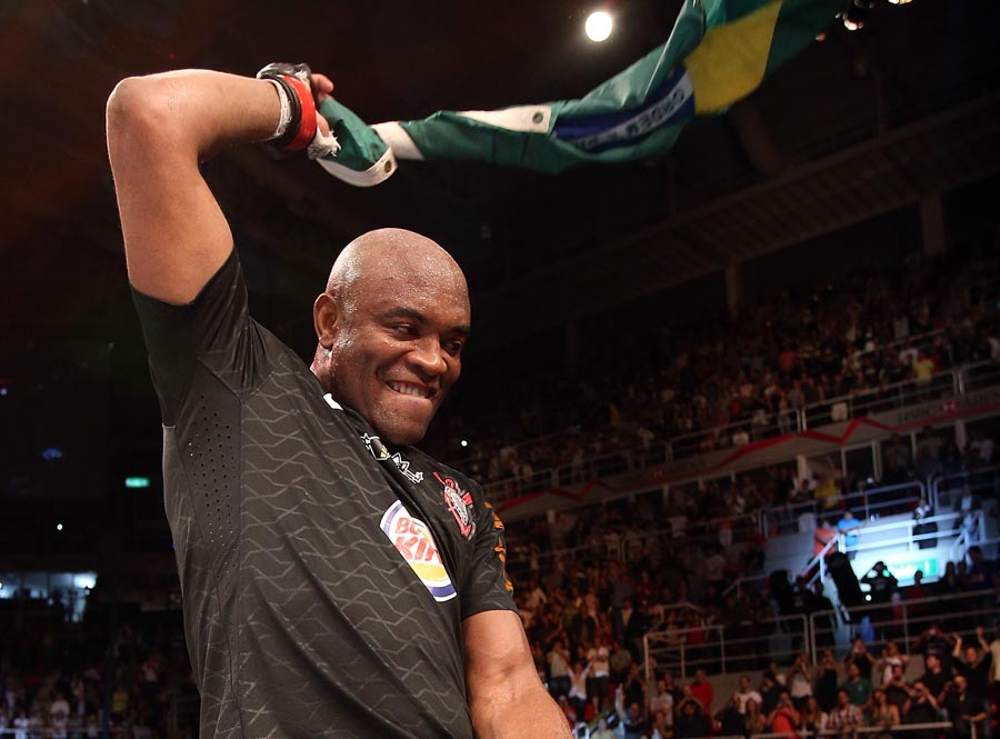 Anderson Silva reacts after his TKO victory over Stephan Bonnar
